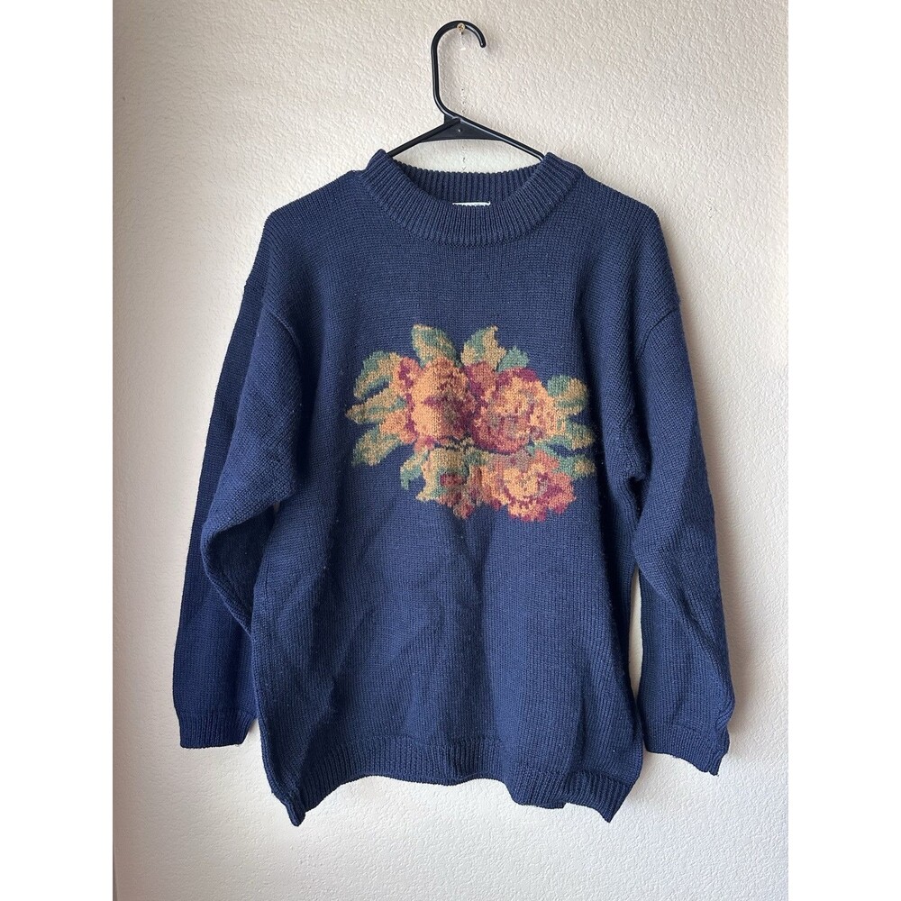 Vintage The Villager Floral Wool Sweater Navy Men’s Size Medium Gently Used